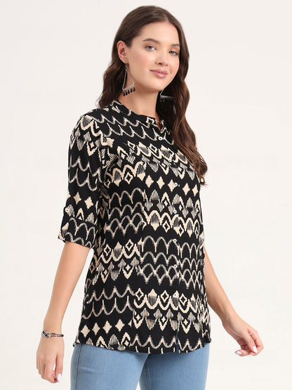 Black Rayon Rollup Sleeves A-Line Top