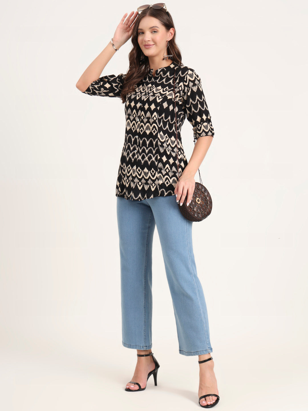 Black Rayon Rollup Sleeves A-Line Top