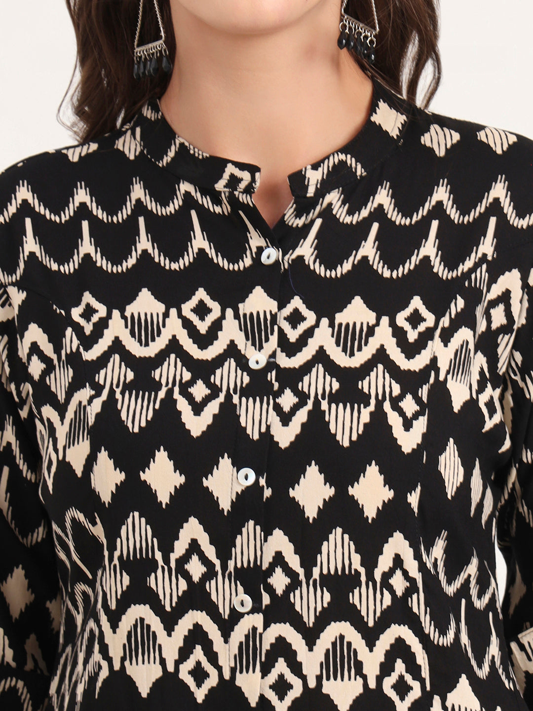 Black Rayon Rollup Sleeves A-Line Top