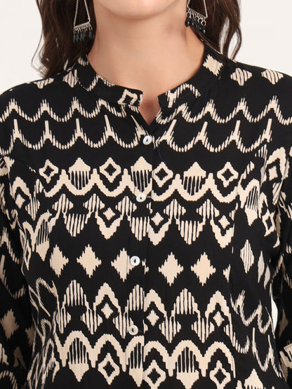 Black Rayon Rollup Sleeves A-Line Top