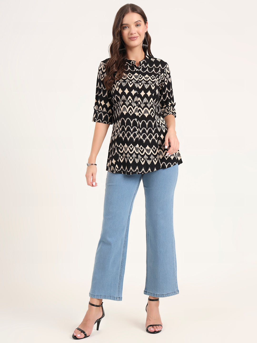 Black Rayon Rollup Sleeves A-Line Top