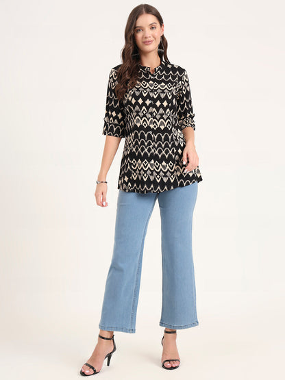 Black Rayon Rollup Sleeves A-Line Top
