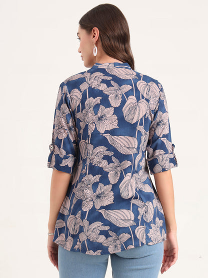 Navy Blue Rayon Rollup Sleeves A-Line Top