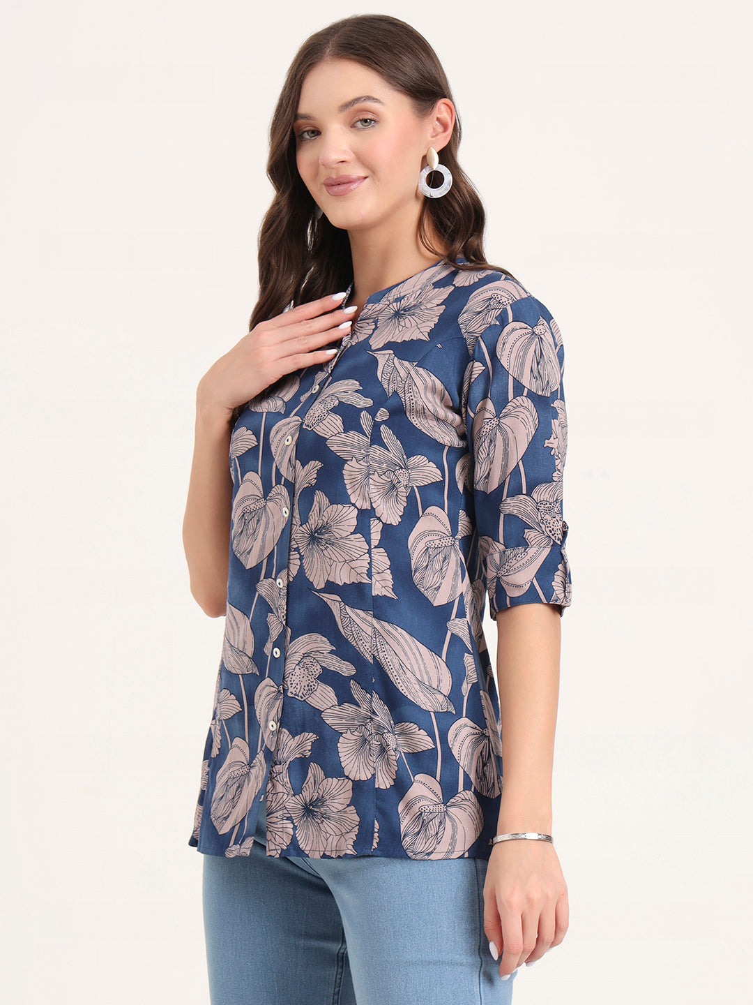 Navy Blue Rayon Rollup Sleeves A-Line Top