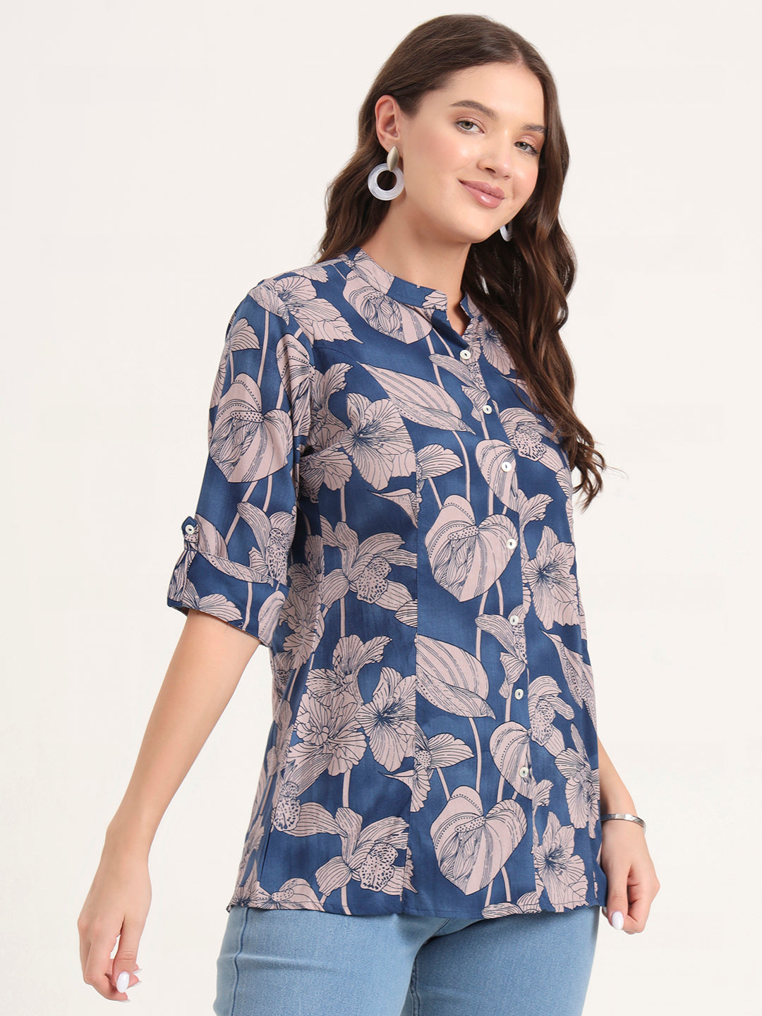 Navy Blue Rayon Rollup Sleeves A-Line Top