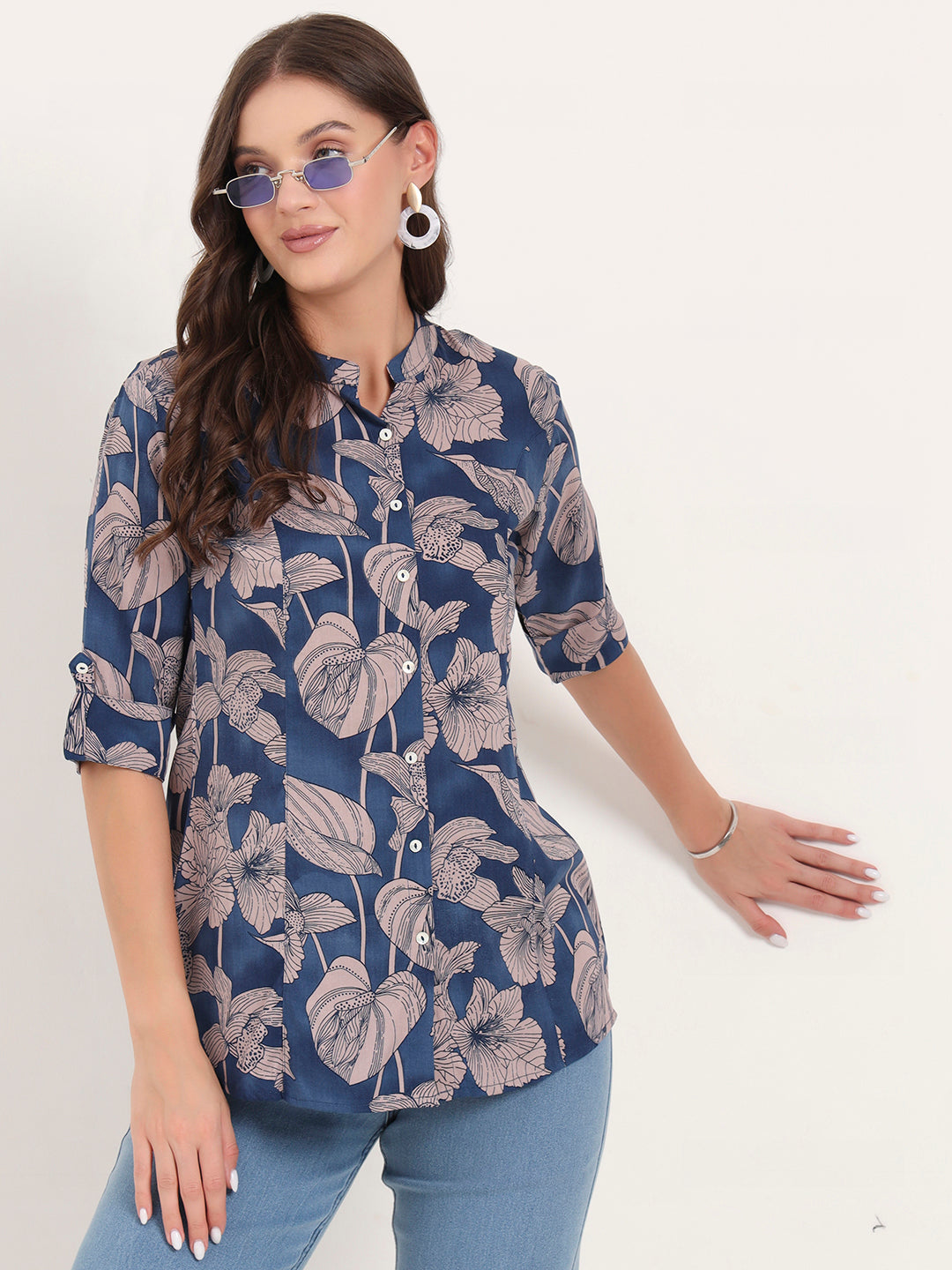 Navy Blue Rayon Rollup Sleeves A-Line Top