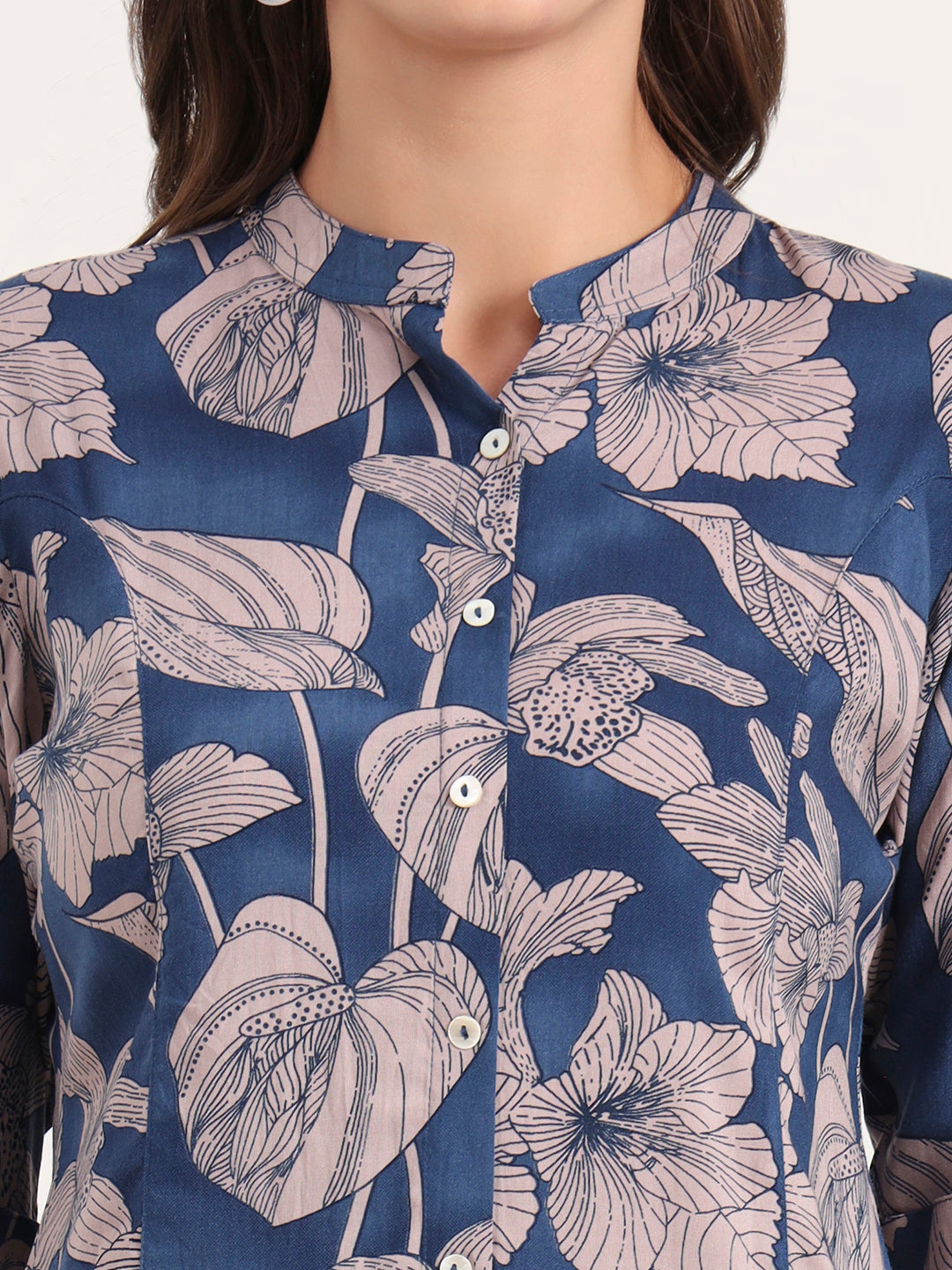 Navy Blue Rayon Rollup Sleeves A-Line Top