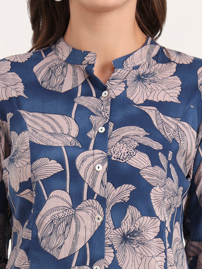 Navy Blue Rayon Rollup Sleeves A-Line Top
