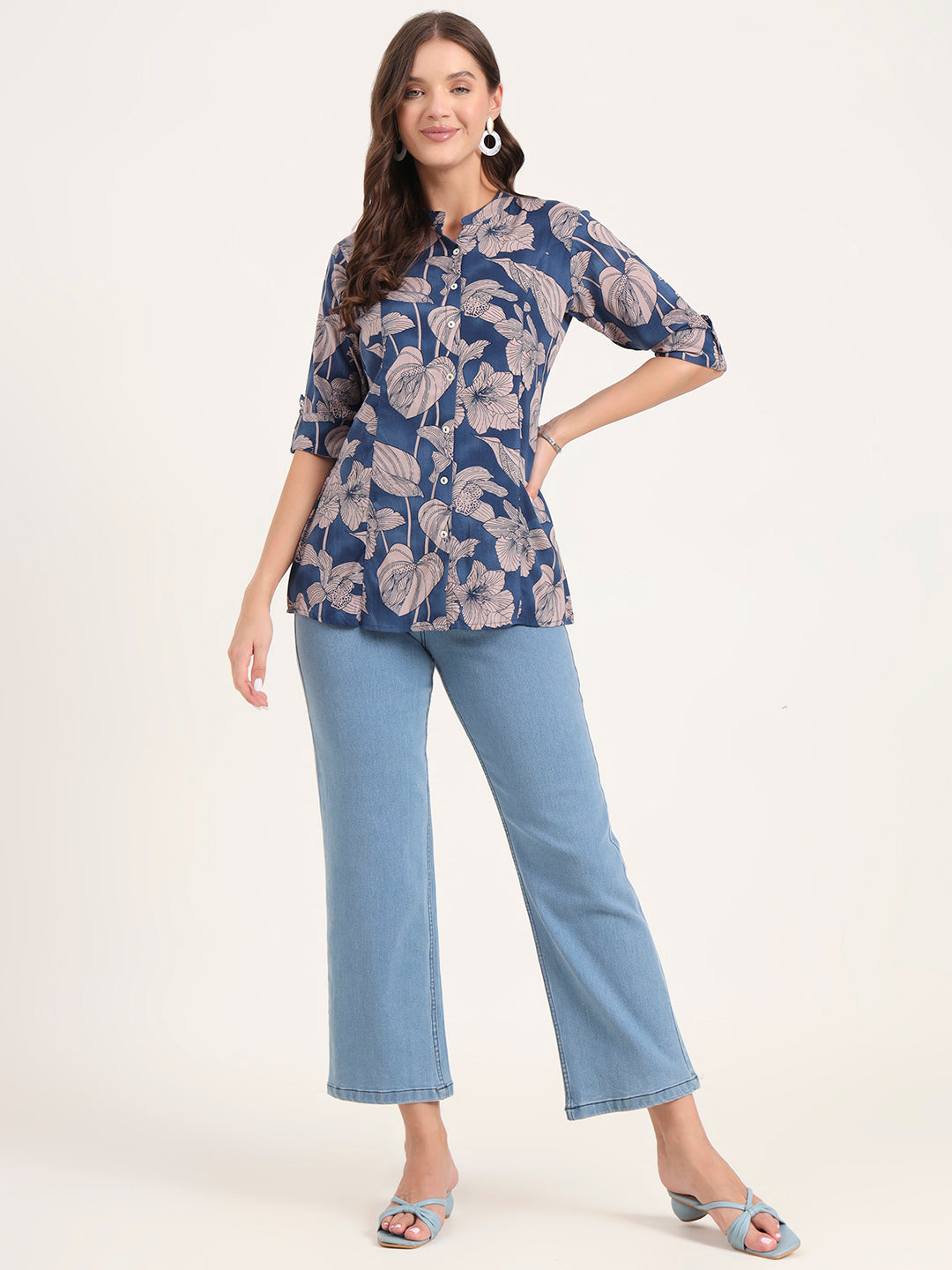 Navy Blue Rayon Rollup Sleeves A-Line Top