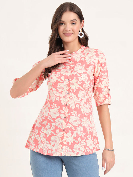 Pink Rayon Rollup Sleeves A-Line Top