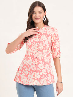 Pink Rayon Rollup Sleeves A-Line Top