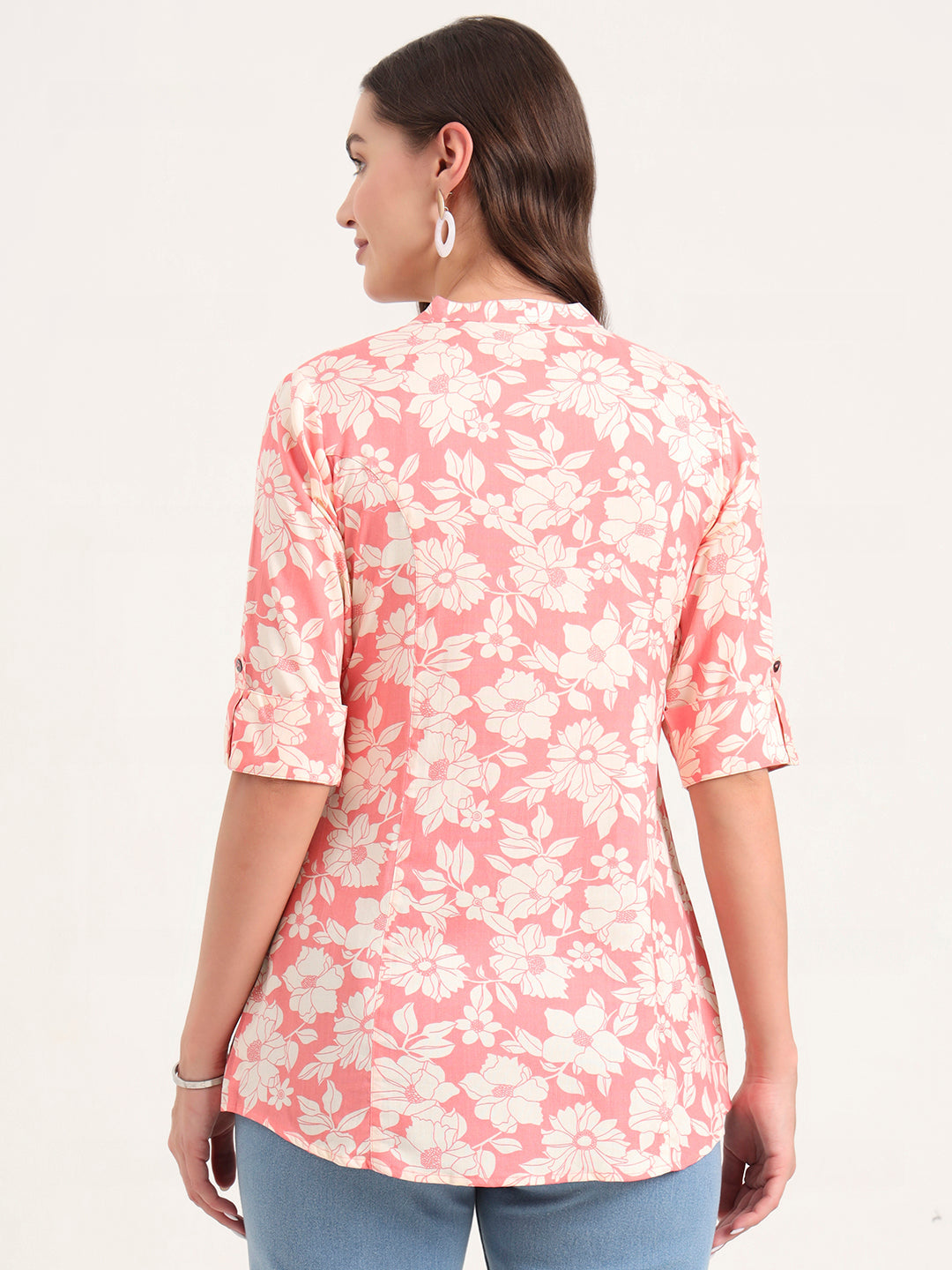 Pink Rayon Rollup Sleeves A-Line Top