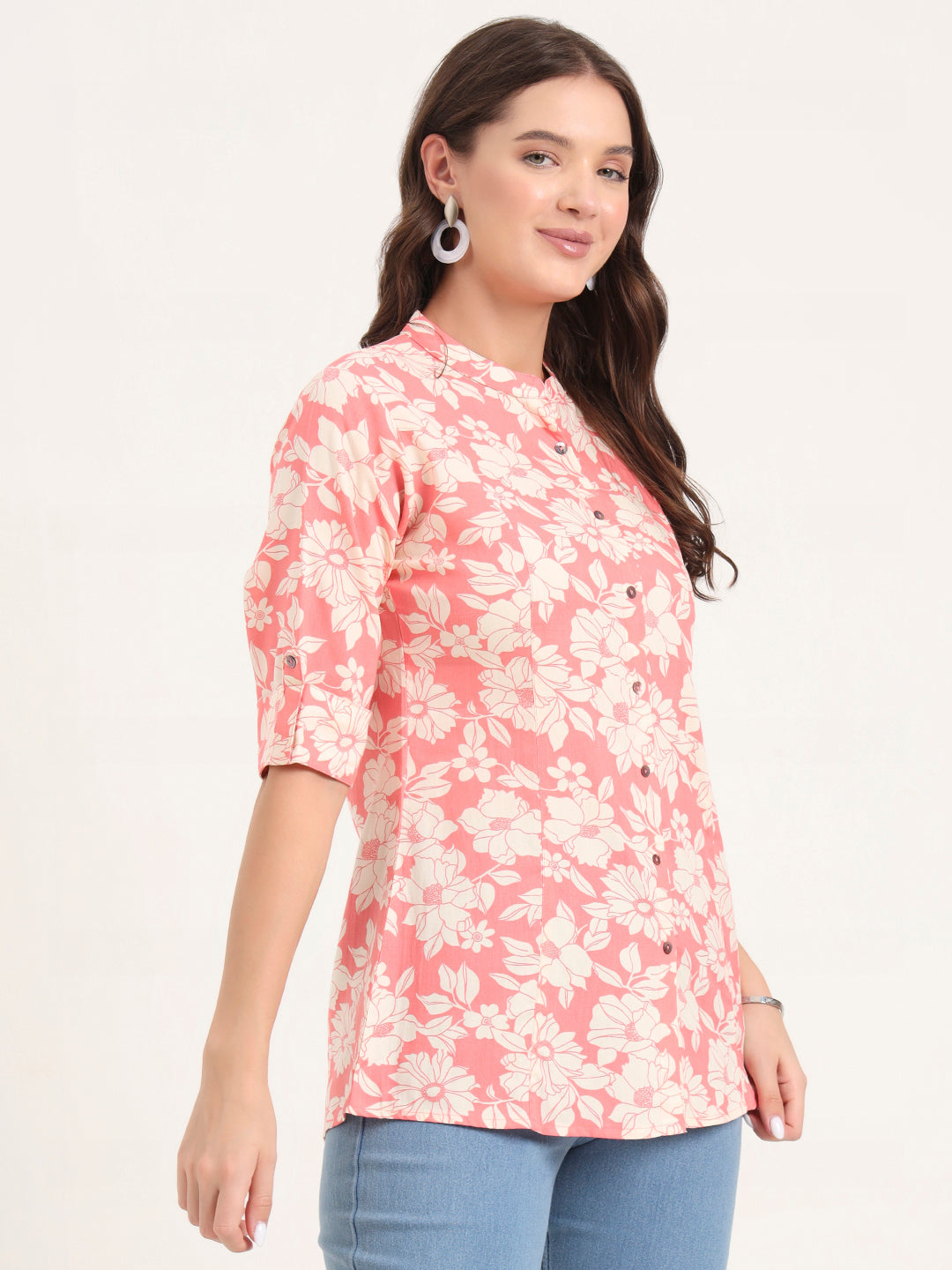 Pink Rayon Rollup Sleeves A-Line Top