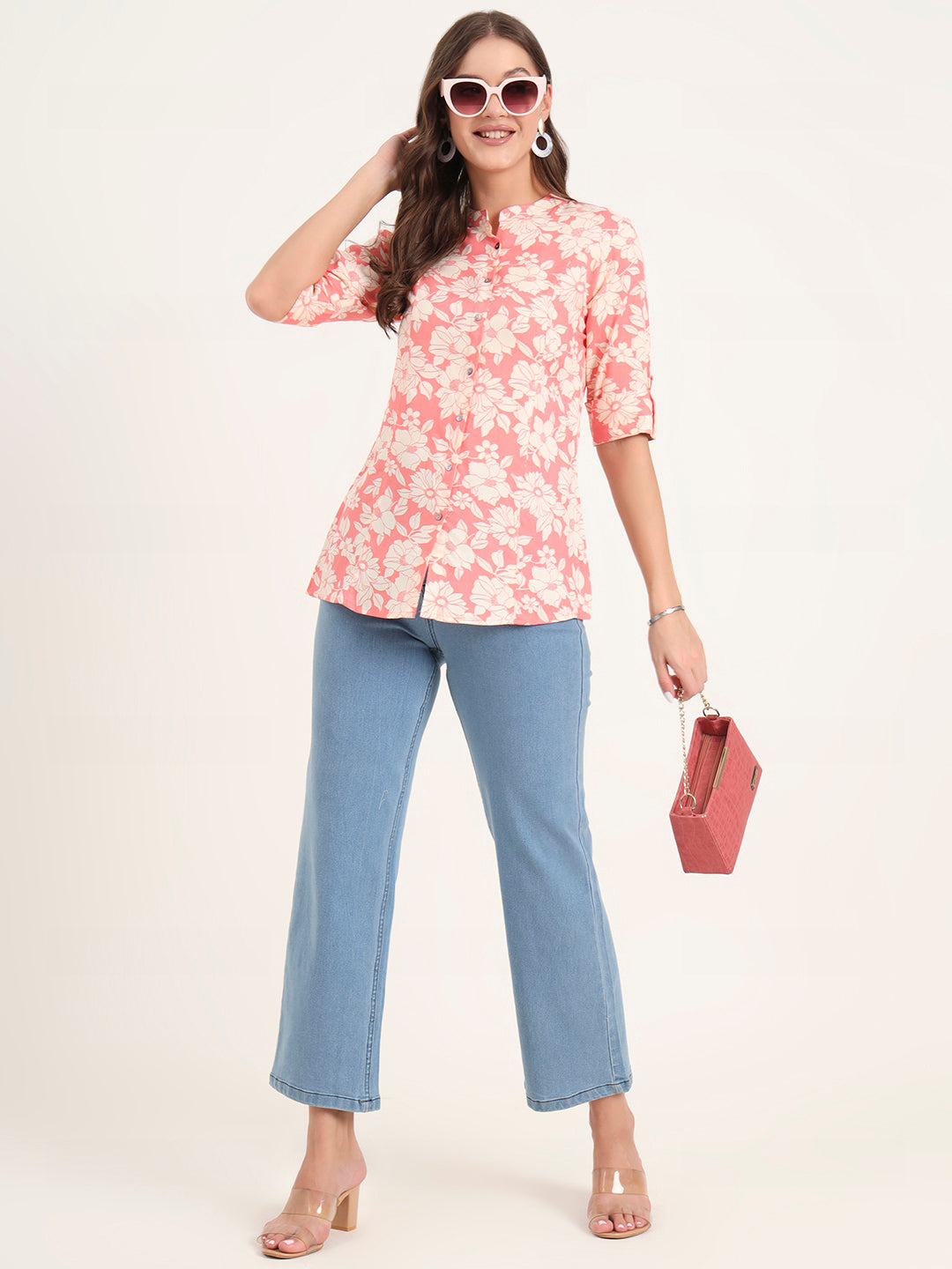 Pink Rayon Rollup Sleeves A-Line Top