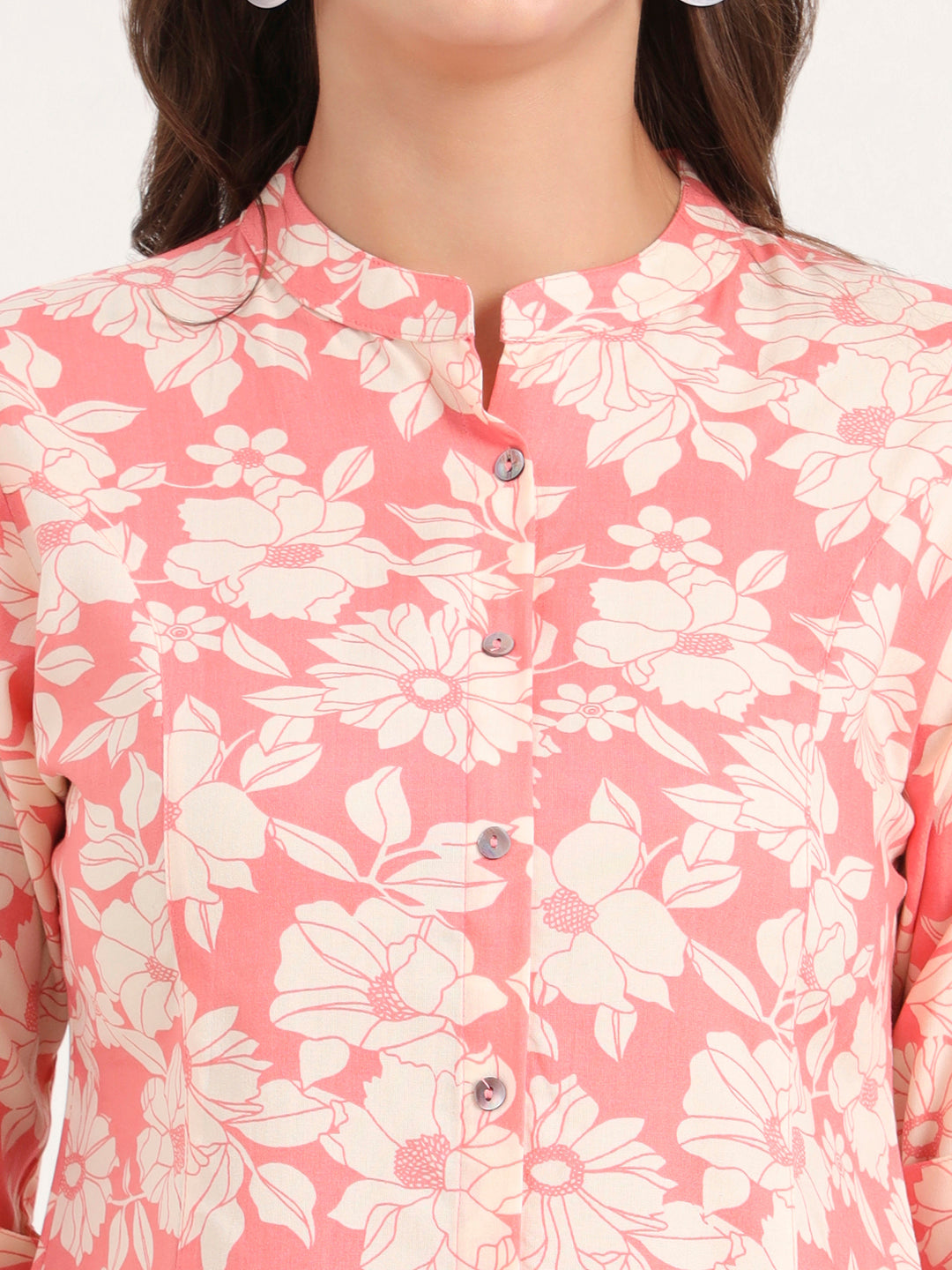 Pink Rayon Rollup Sleeves A-Line Top