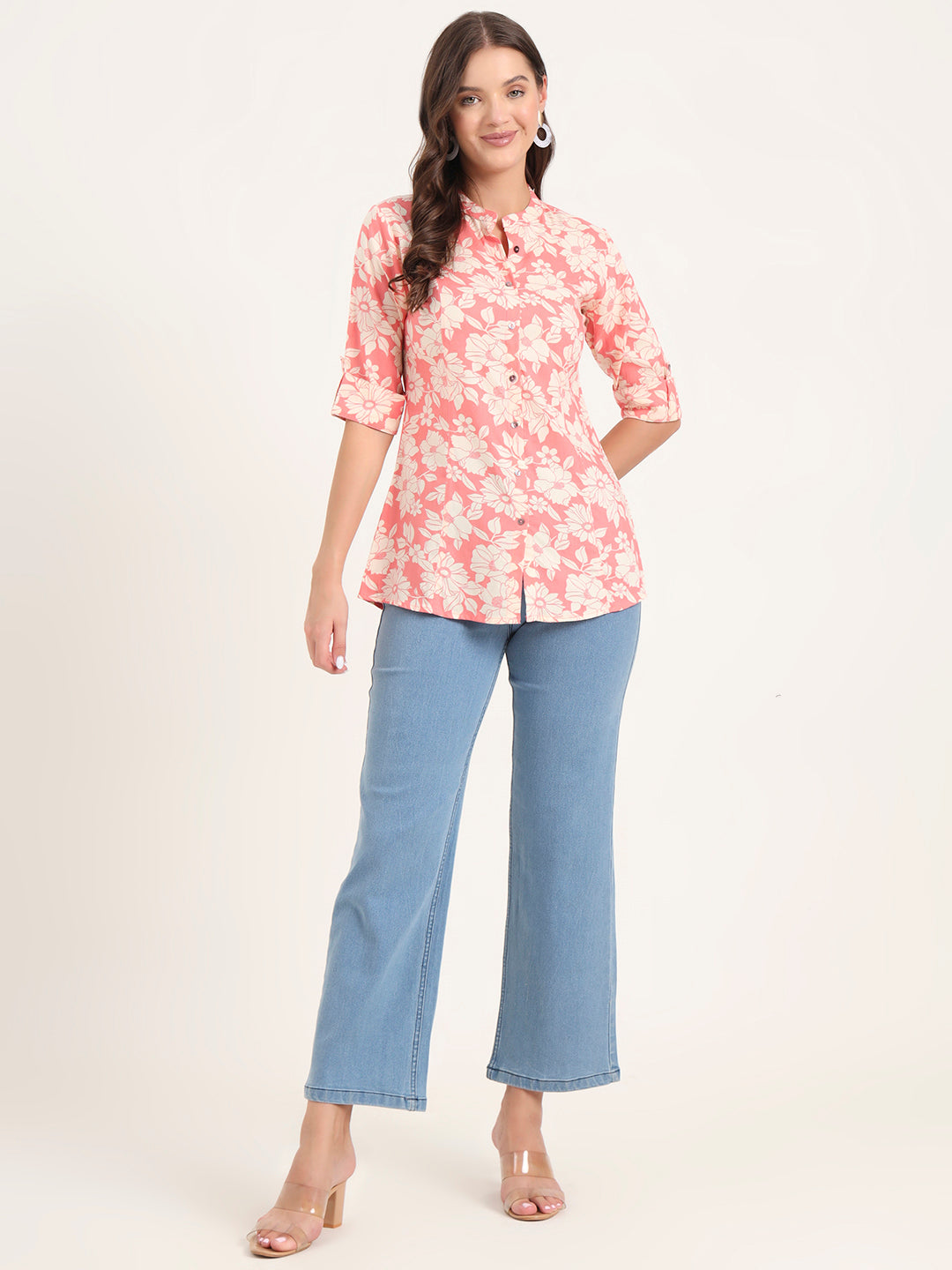 Pink Rayon Rollup Sleeves A-Line Top