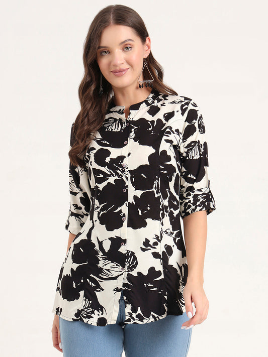 Black Rayon Rollup Sleeves A-Line Top