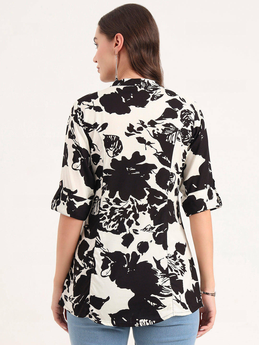 Black Rayon Rollup Sleeves A-Line Top