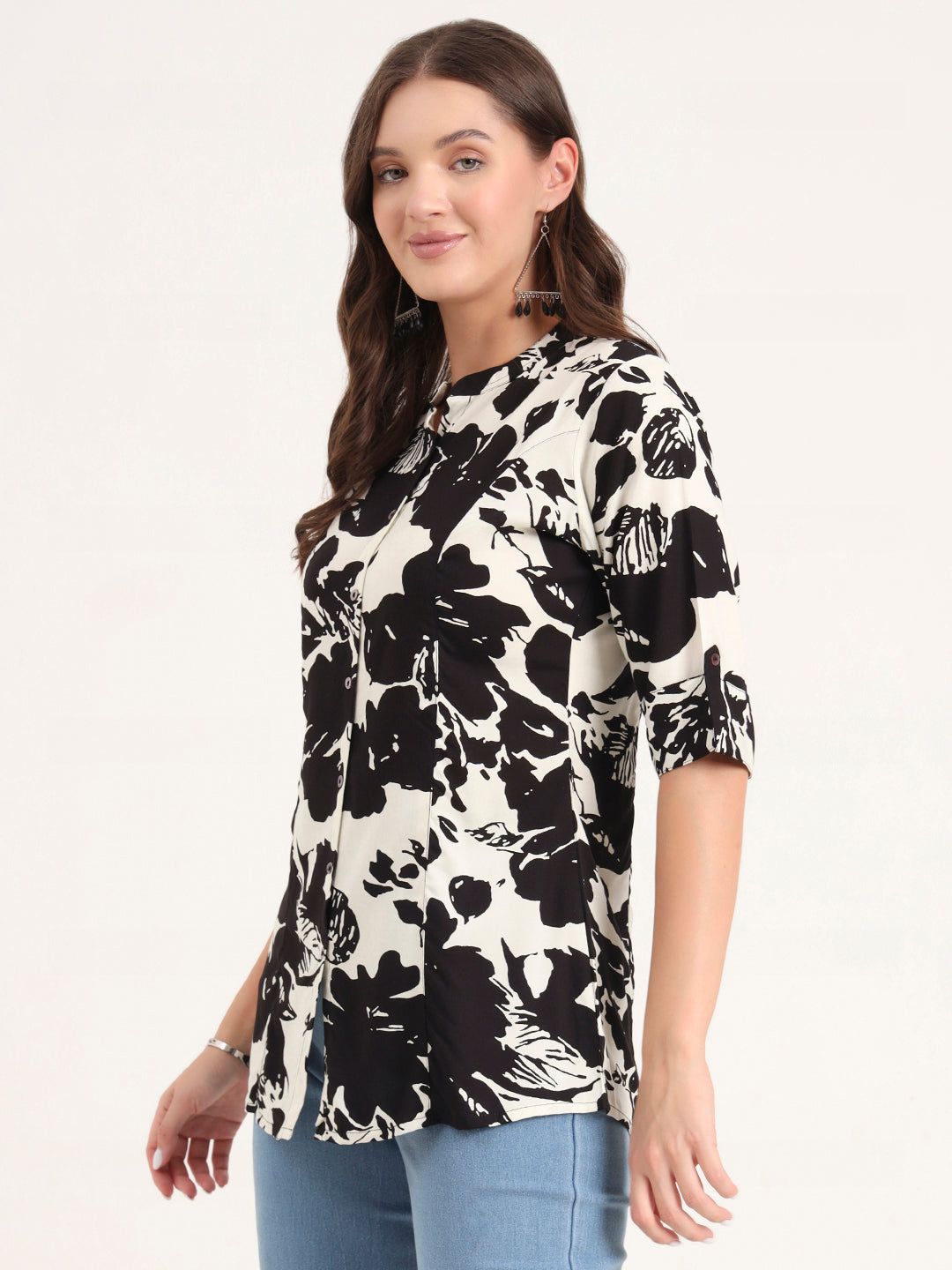 Black Rayon Rollup Sleeves A-Line Top