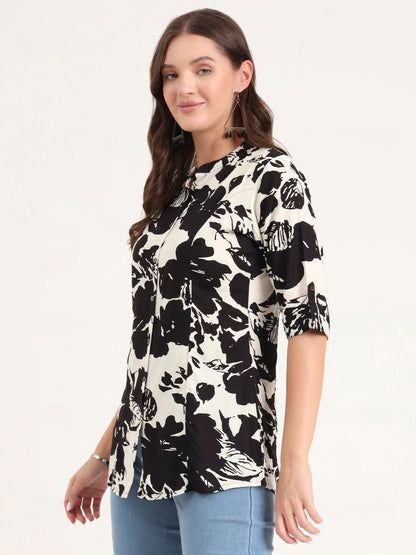 Black Rayon Rollup Sleeves A-Line Top