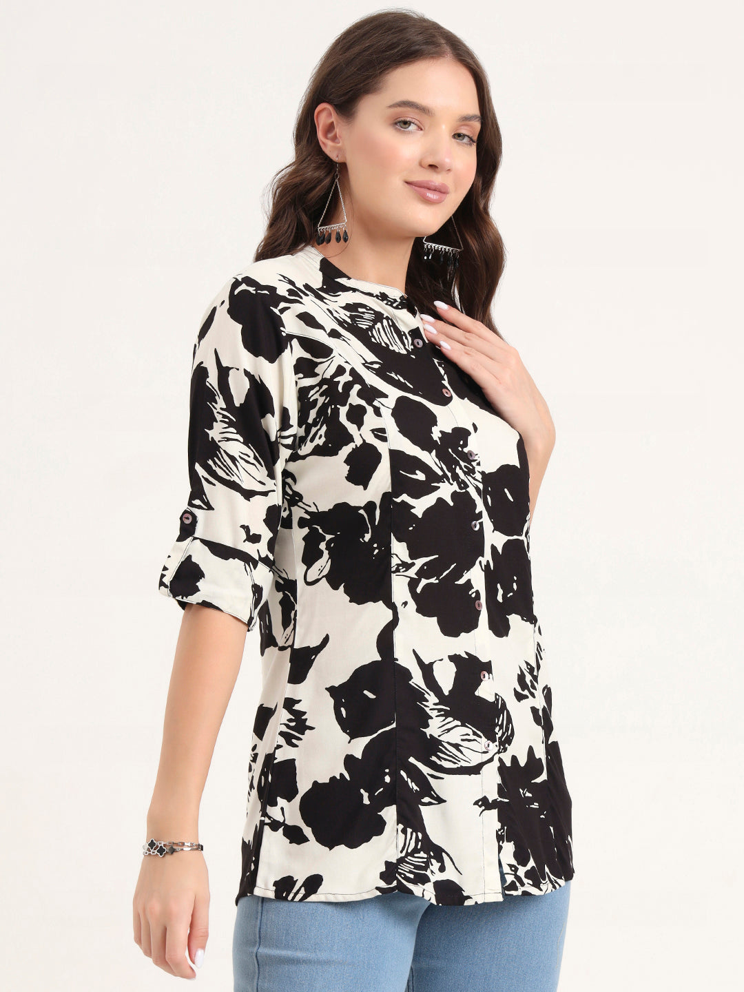 Black Rayon Rollup Sleeves A-Line Top