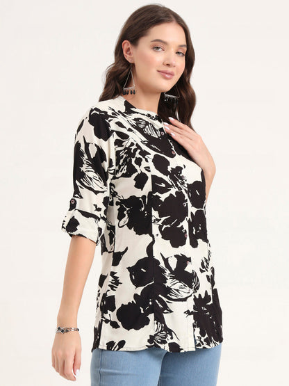 Black Rayon Rollup Sleeves A-Line Top