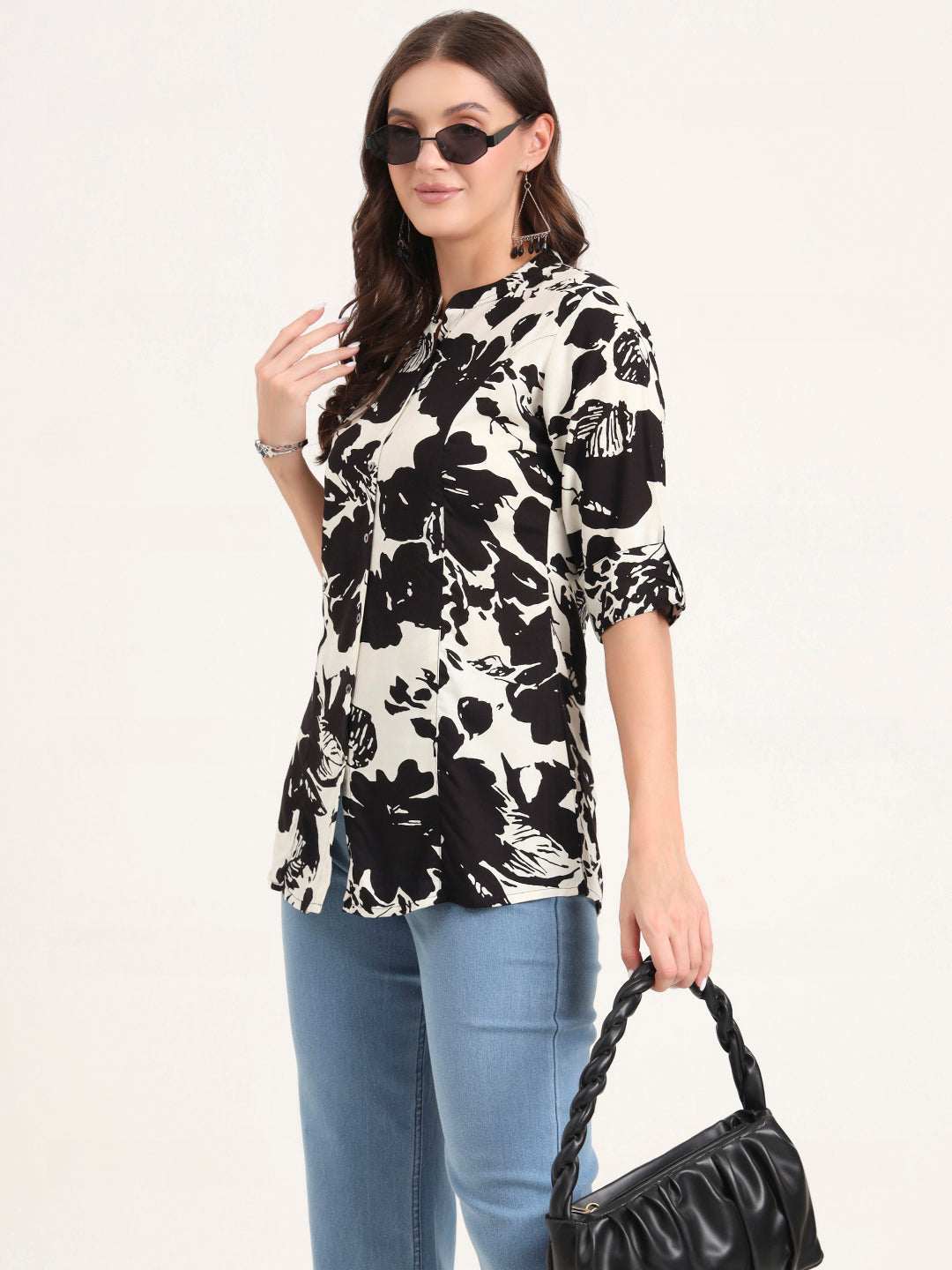 Black Rayon Rollup Sleeves A-Line Top