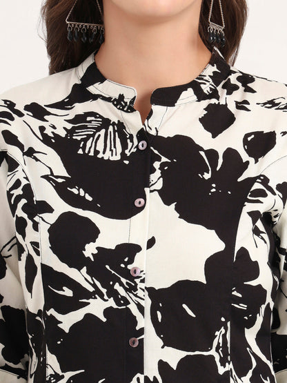 Black Rayon Rollup Sleeves A-Line Top