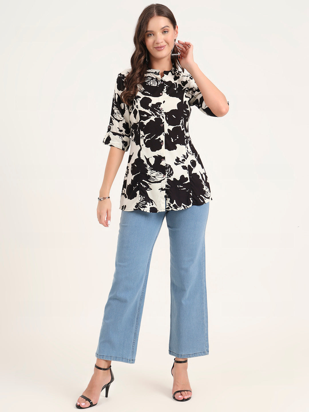 Black Rayon Rollup Sleeves A-Line Top