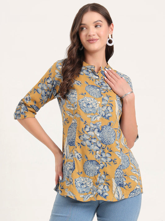 Mustard Rayon Rollup Sleeves A-Line Top