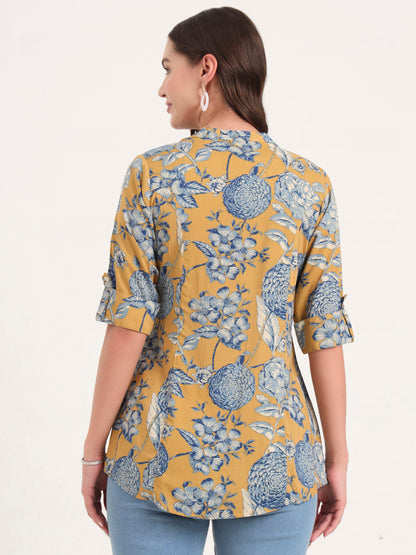 Mustard Rayon Rollup Sleeves A-Line Top