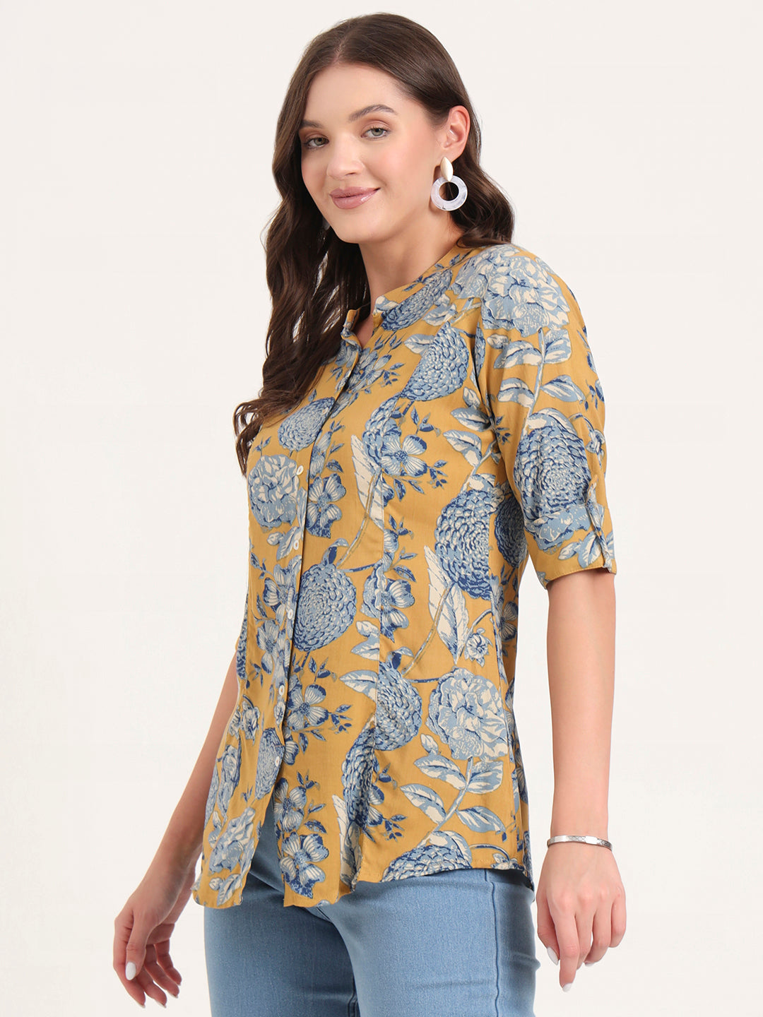 Mustard Rayon Rollup Sleeves A-Line Top