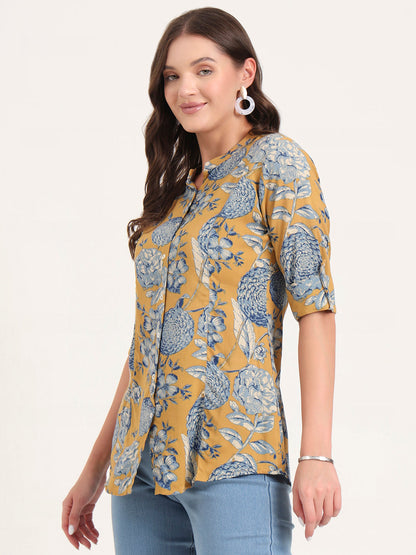 Mustard Rayon Rollup Sleeves A-Line Top