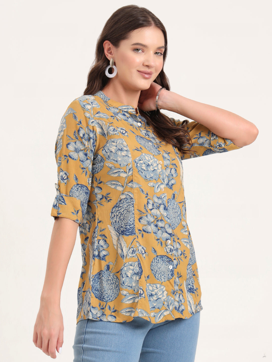 Mustard Rayon Rollup Sleeves A-Line Top