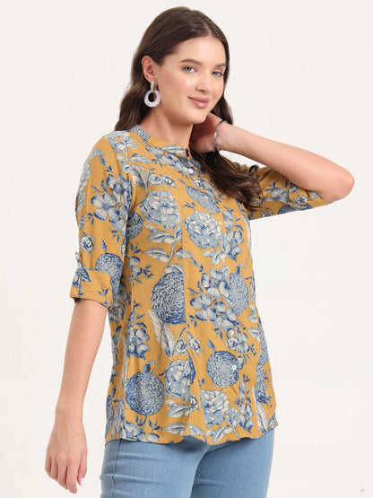 Mustard Rayon Rollup Sleeves A-Line Top