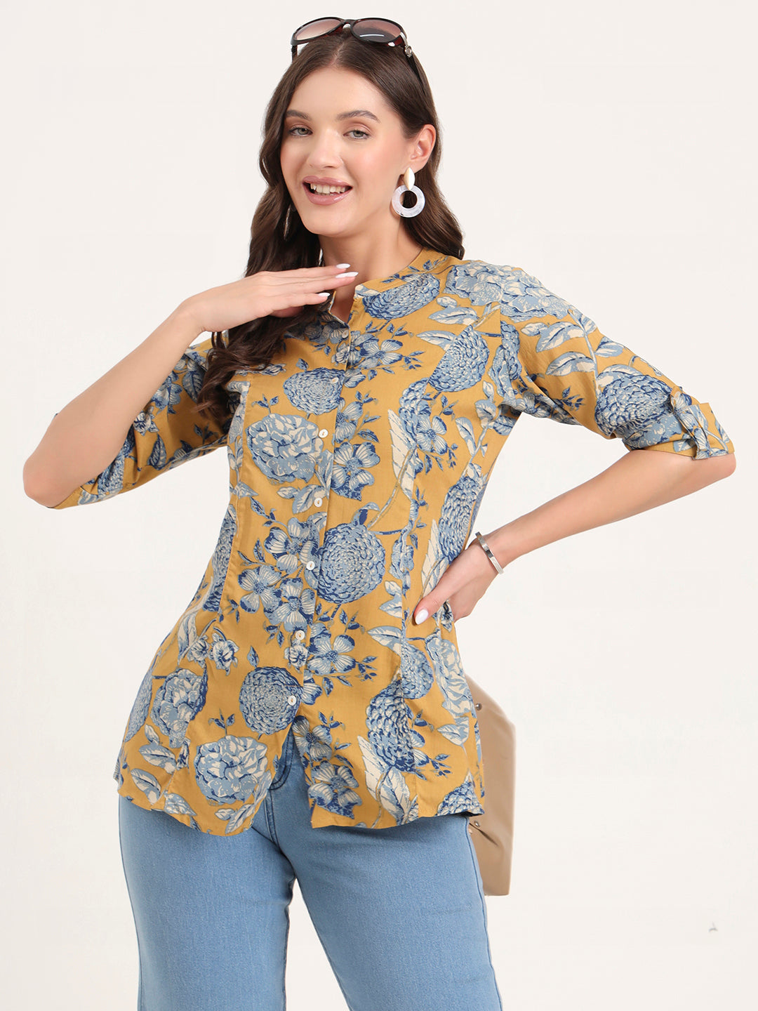 Mustard Rayon Rollup Sleeves A-Line Top