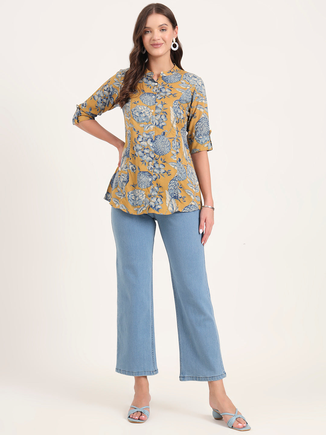 Mustard Rayon Rollup Sleeves A-Line Top