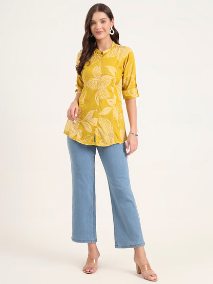 Mustard Rayon Rollup Sleeves A-Line Top