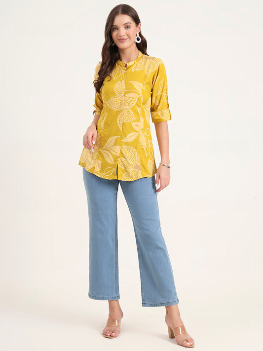 Mustard Rayon Rollup Sleeves A-Line Top