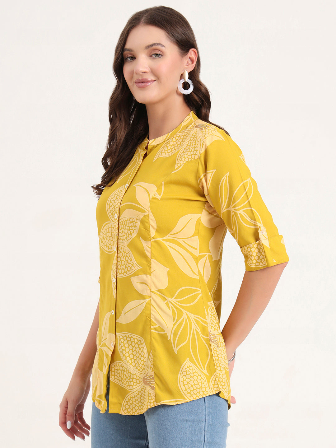 Mustard Rayon Rollup Sleeves A-Line Top