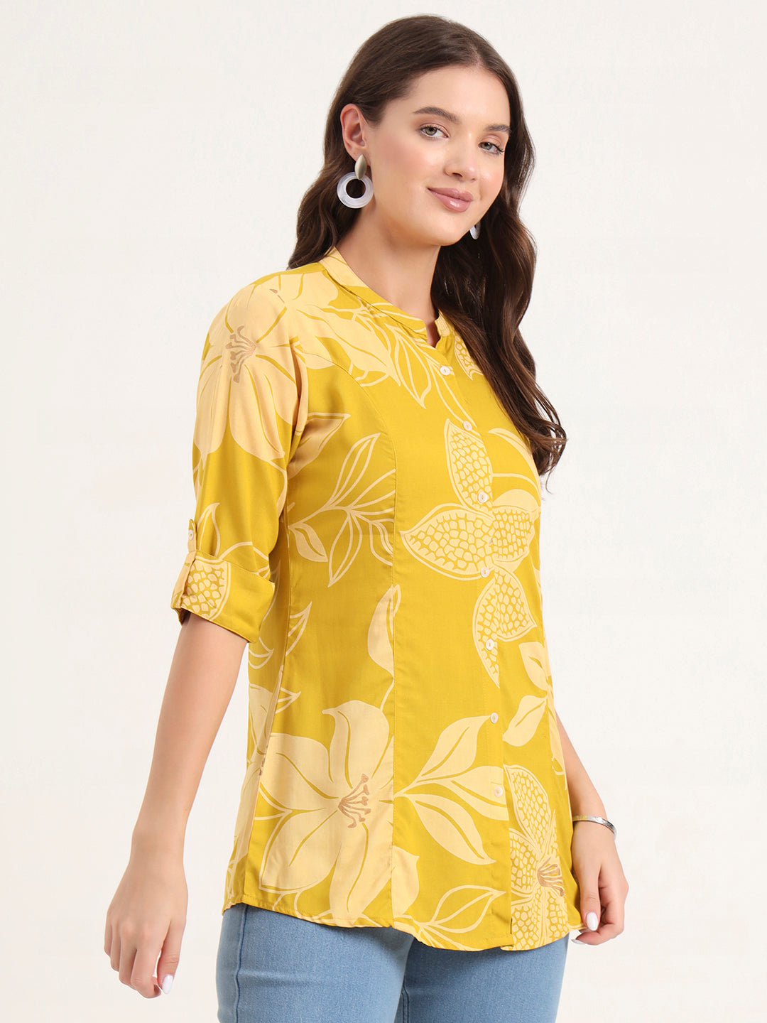 Mustard Rayon Rollup Sleeves A-Line Top