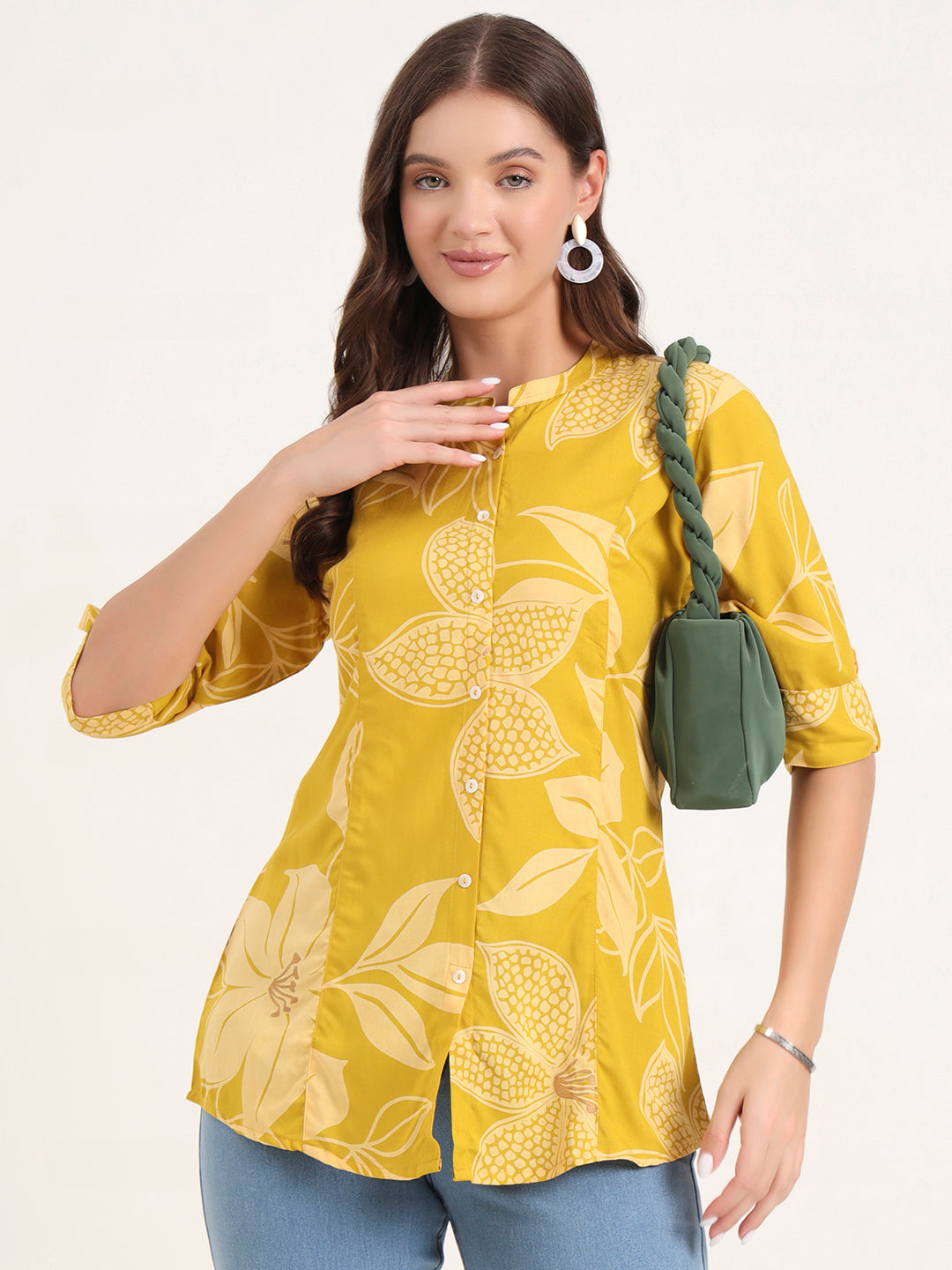 Mustard Rayon Rollup Sleeves A-Line Top