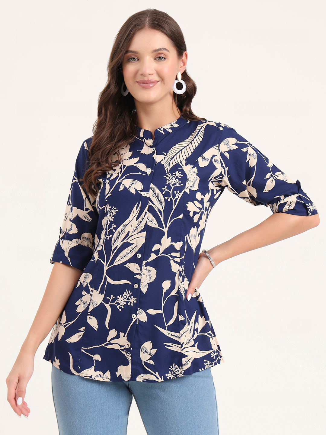 Blue Rayon Rollup Sleeves A-Line Top