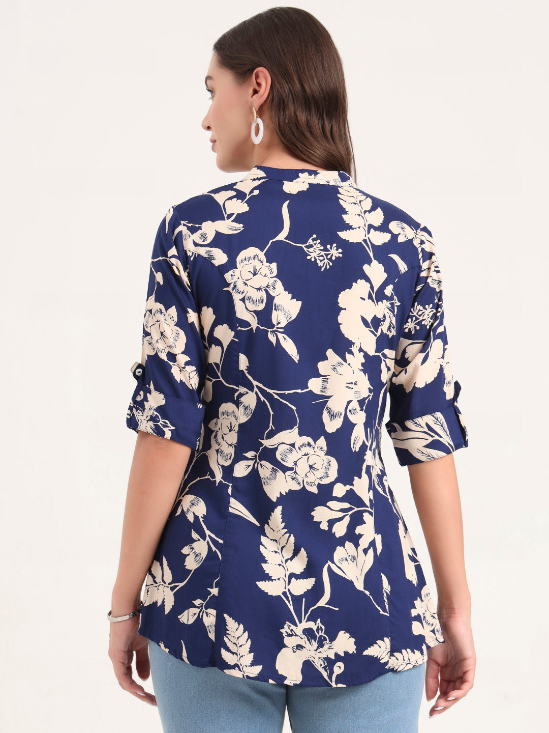 Blue Rayon Rollup Sleeves A-Line Top