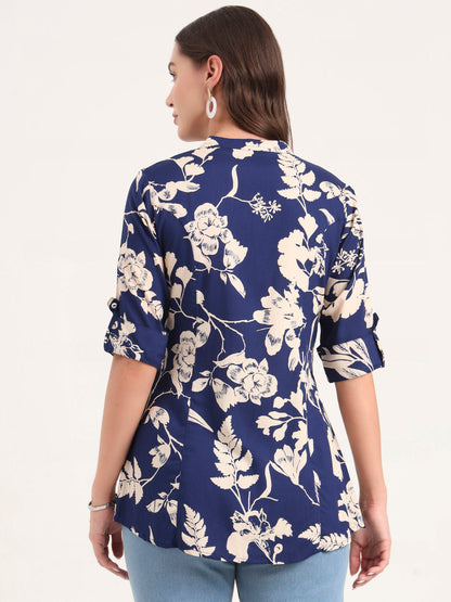 Blue Rayon Rollup Sleeves A-Line Top