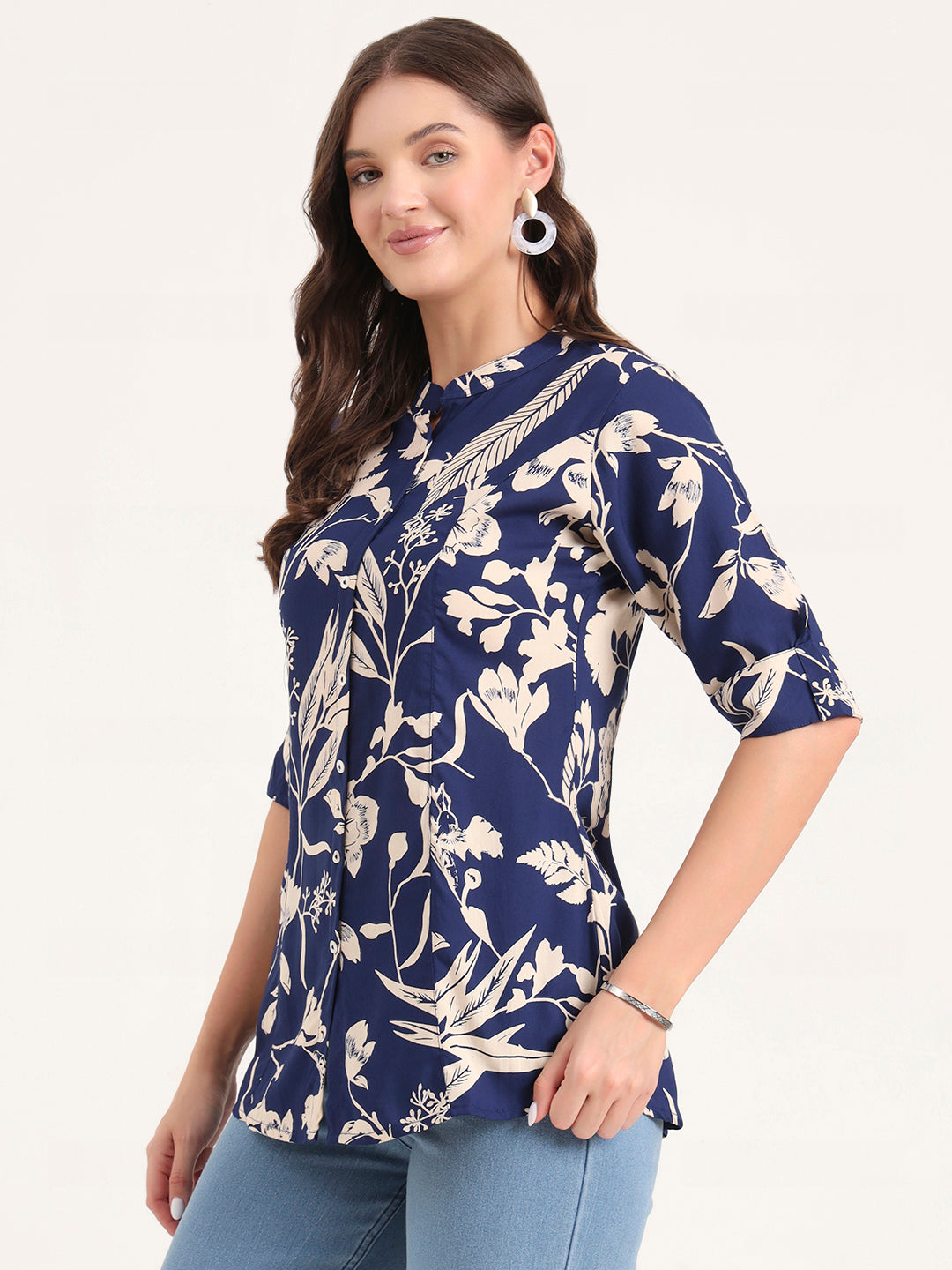 Blue Rayon Rollup Sleeves A-Line Top