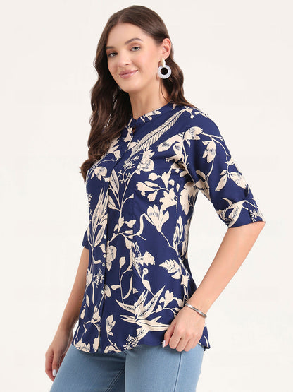 Blue Rayon Rollup Sleeves A-Line Top