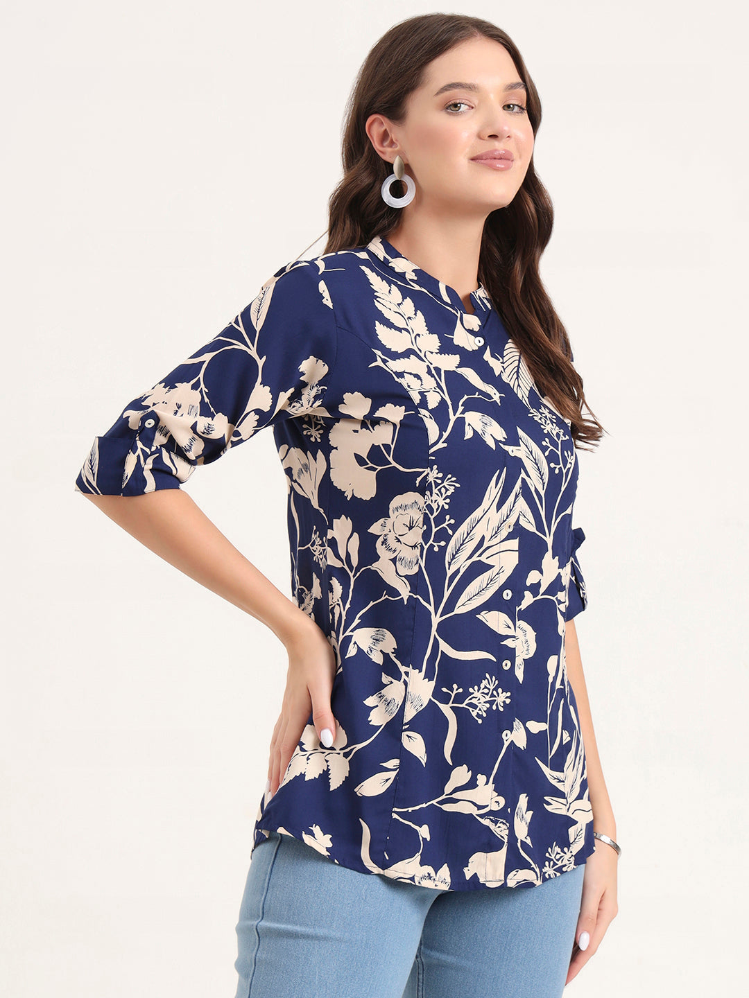 Blue Rayon Rollup Sleeves A-Line Top