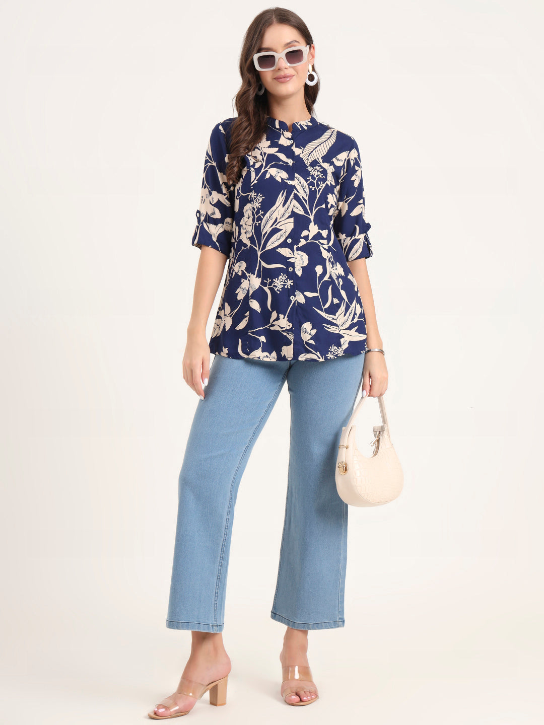 Blue Rayon Rollup Sleeves A-Line Top