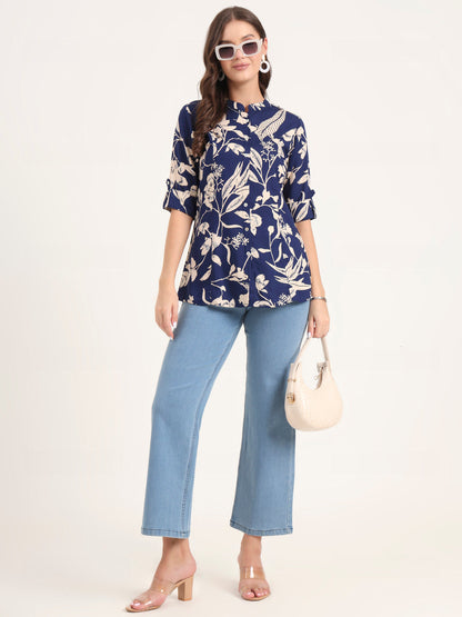 Blue Rayon Rollup Sleeves A-Line Top